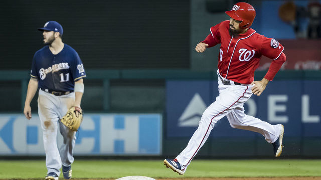 WASHINGTON, DC - AUGUST 17: Anthony Rendon #6 of the Washington Nationals rounds second before scoring a run against the Milwaukee Brewers during the third inning at Nationals Park on August 17, 2019 in Washington, DC.