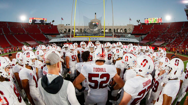 LOS ANGELES, CA - SEPTEMBER 07: The Stanford Cardinal football team huddles before the game during a game between USC and Stanford Football at Los Angeles Memorial Coliseum on September 7, 2019 in Los Angeles, California. .