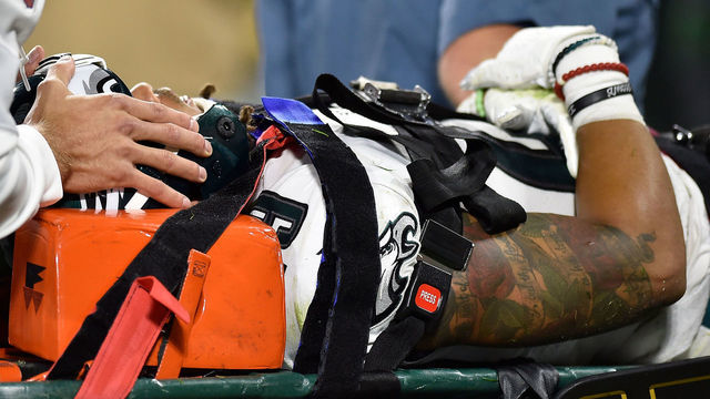 GREEN BAY, WISCONSIN - SEPTEMBER 26: Avonte Maddox #29 of the Philadelphia Eagles is carted off the field after being injured in the fourth quarter against the Green Bay Packers at Lambeau Field on September 26, 2019 in Green Bay, Wisconsin.