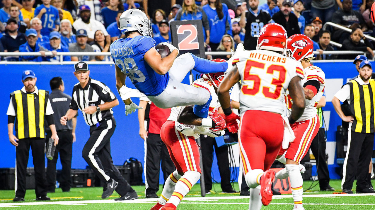 DETROIT, MI - SEPTEMBER 29: Detroit Lions tight end T.J. Hockenson (88) makes a catch and is flipped upside down during the Detroit Lions versus Kansas City Chiefs game on Sunday September 29, 2019 at Ford Field in Detroit, MI.