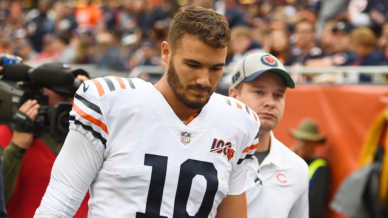 CHICAGO, ILLINOIS - SEPTEMBER 29: Mitchell Trubisky #10 of the Chicago Bears walks to the locker room during the first half against the Minnesota Vikings at Soldier Field on September 29, 2019 in Chicago, Illinois.