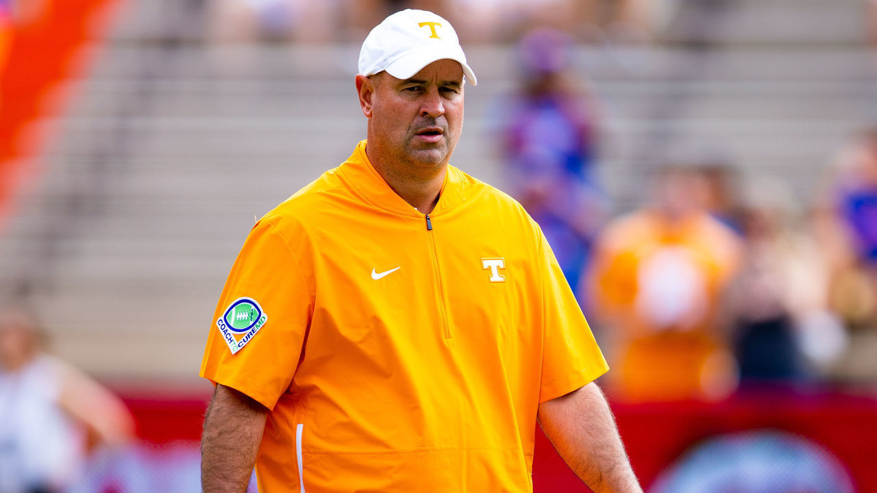 GAINESVILLE, FL- SEPTEMBER 21: Head coach Jeremy Pruitt of the Tennessee Volunteers looks on prior to the start of the game against the Florida Gators at Ben Hill Griffin Stadium on September 21, 2019 in Gainesville, Florida.