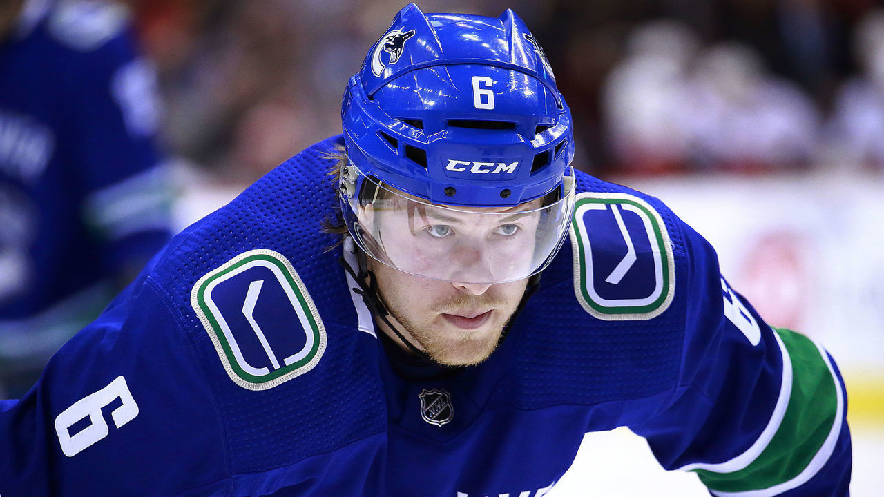 VANCOUVER, BC - MARCH 23: Brock Boeser #6 of the Vancouver Canucks waits for a face-off during their NHL game against the Calgary Flames at Rogers Arena March 23, 2019 in Vancouver, British Columbia, Canada. "n