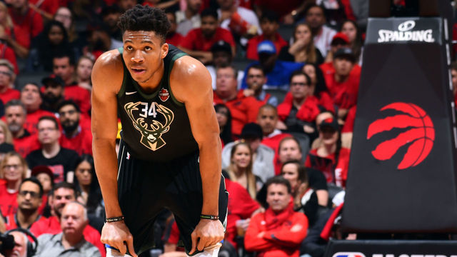 TORONTO, CANADA - MAY 25: Giannis Antetokounmpo #34 of the Milwaukee Bucks looks on during a game against the Toronto Raptors during Game Six of the Eastern Conference Finals on May 25, 2019 at Scotiabank Arena in Toronto, Ontario, Canada. NOTE TO USER: User expressly acknowledges and agrees that, by downloading and/or using this photograph, user is consenting to the terms and conditions of the Getty Images License Agreement. Mandatory Copyright Notice: Copyright 2019 NBAE
