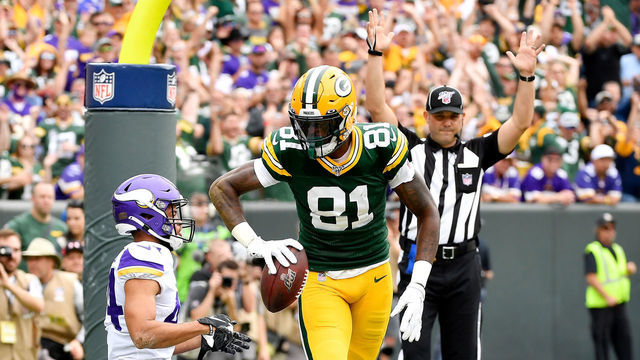 GREEN BAY, WISCONSIN - SEPTEMBER 15: Geronimo Allison #81 of the Green Bay Packers celebrates after scoring a touchdown in the first quarter against the Minnesota Vikings at Lambeau Field on September 15, 2019 in Green Bay, Wisconsin.