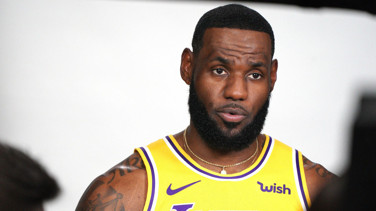 EL SEGUNDO, CA - SEPTEMBER 27: Los Angeles Lakers forward/guard LeBron James is interviewed during the team"u2019s media day in El Segundo on Friday, Sep. 27, 2019.