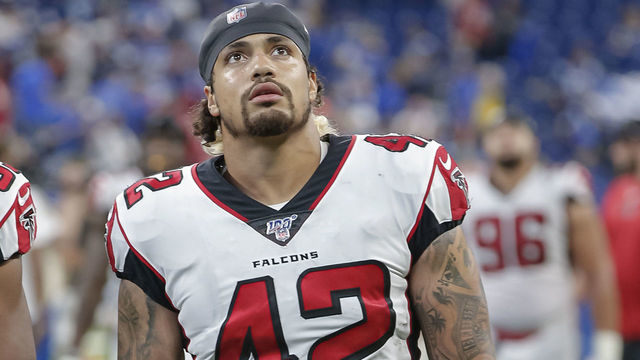 INDIANAPOLIS, IN - SEPTEMBER 22: Duke Riley #42 of the Atlanta Falcons is seen after the game against the Indianapolis Colts at Lucas Oil Stadium on September 22, 2019 in Indianapolis, Indiana.