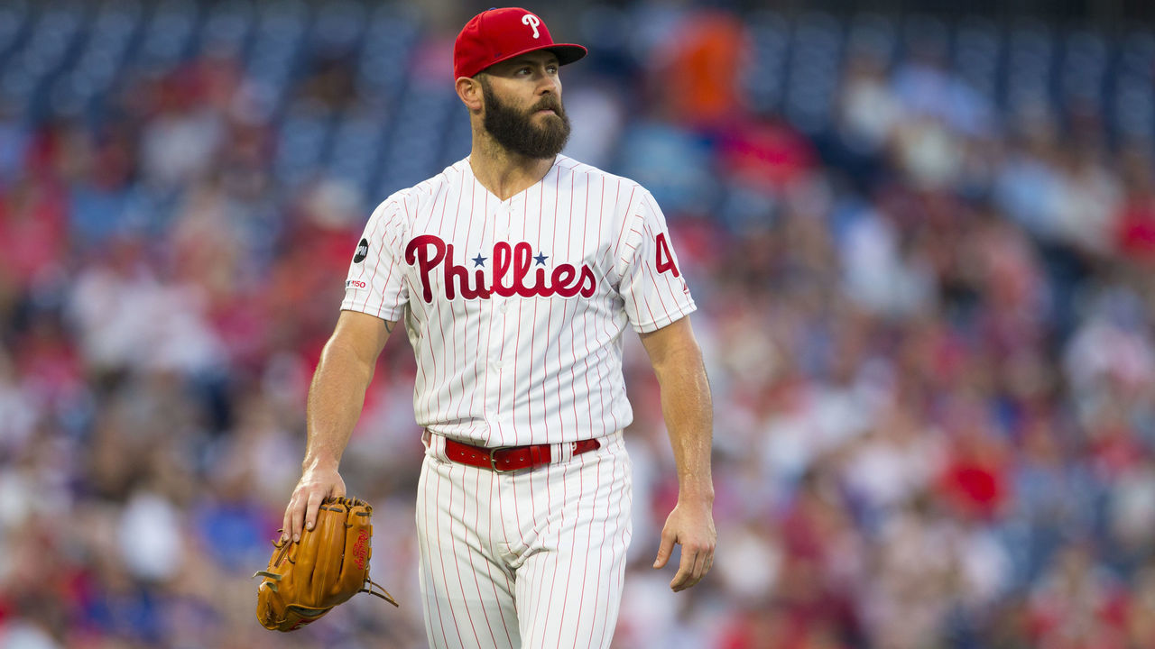 PHILADELPHIA, PA - JUNE 25: Jake Arrieta #49 of the Philadelphia Phillies walks to the dugout against the New York Mets at Citizens Bank Park on June 25, 2019 in Philadelphia, Pennsylvania.