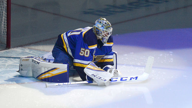 ST. LOUIS, MO - JUN 09: St. Louis Blues goalie Jordan Binnington (50) before Game 6 of the Stanley Cup Final between the Boston Bruins and the St. Louis Blues, on June 09, 2019, at Enterprise Center, St. Louis, Mo.