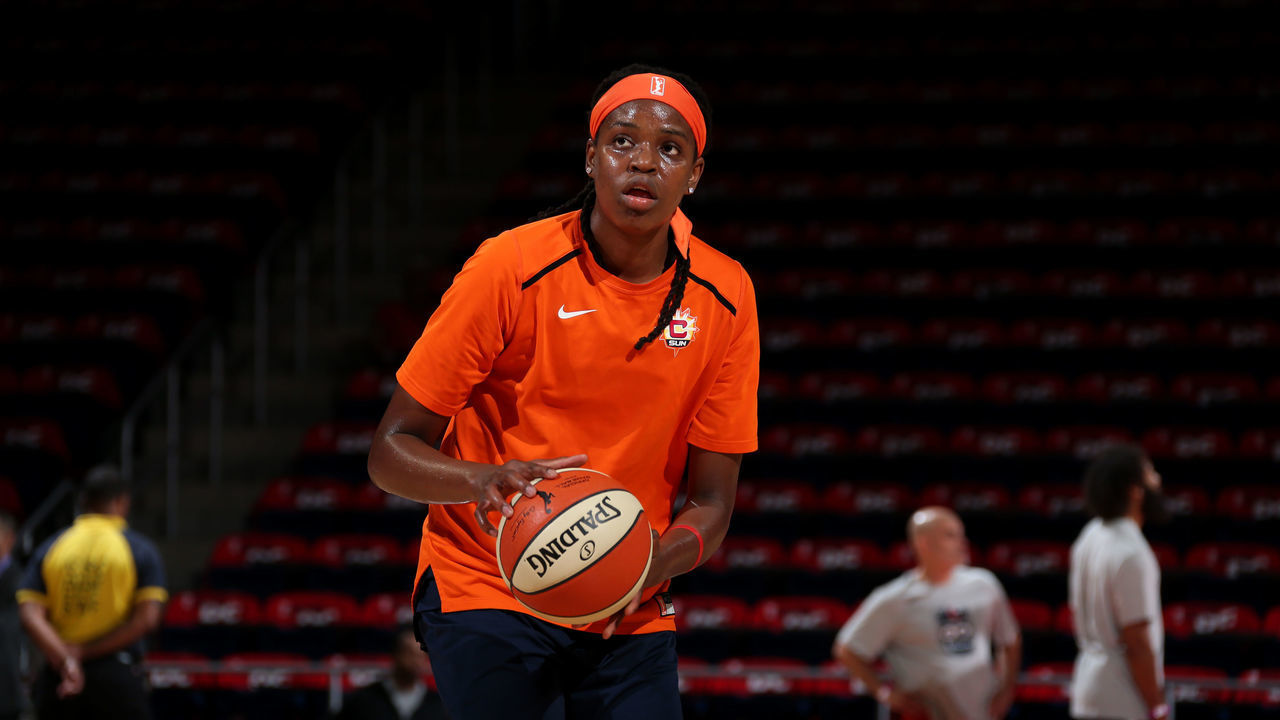 WASHINGTON, DC - SEPTEMBER 29: Jonquel Jones #35 of the Connecticut Sun warms up before Game One of the 2019 WNBA Finals against the Washington Mystics on September 29, 2019 at the St. Elizabeths East Entertainment and Sports Arena in Washington, DC. Mandatory Copyright Notice: Copyright 2019 NBAE