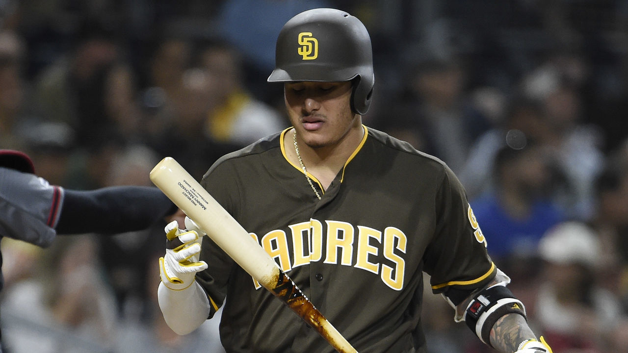 SAN DIEGO, CA - SEPTEMBER 20: Manny Machado #13 of the San Diego Padres tosses his bat after striking out during the the fourth inning of a baseball game against the Arizona Diamondbacks at Petco Park September 20, 2019 in San Diego, California.