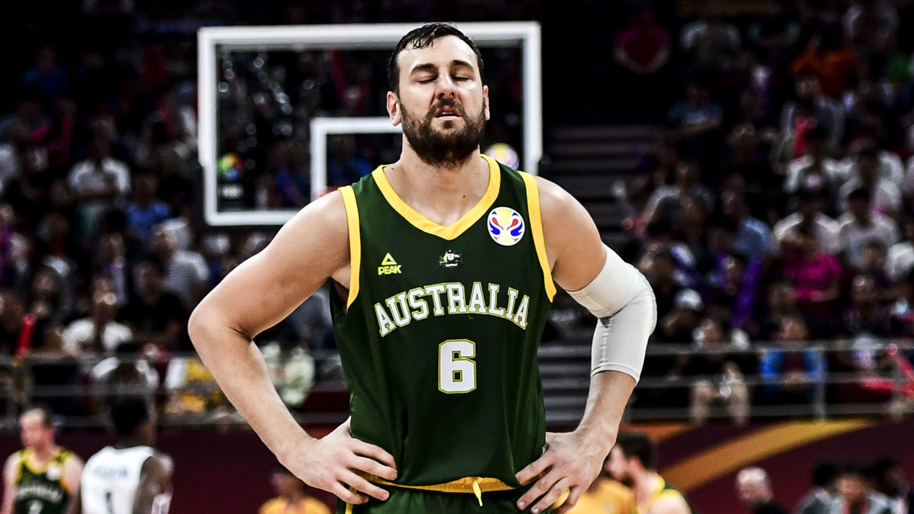 BEIJING, CHINA - SEPTEMBER 15: #6 Andrew Bogut of Australiareacts during the 3rd place games between France and Australia of 2019 FIBA World Cup at the Cadillac Arena on September 15, 2019 in Beijing, China.