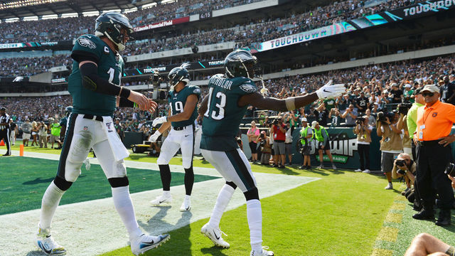 PHILADELPHIA, PA - SEPTEMBER 22: Philadelphia Eagles Wide Receiver Nelson Agholor (13) celebrates a touchdown with Quarterback Carson Wentz (11) in the second half during the game between the Detroit Lions and Philadelphia Eagles on September 22, 2019 at Lincoln Financial Field in Philadelphia, PA.