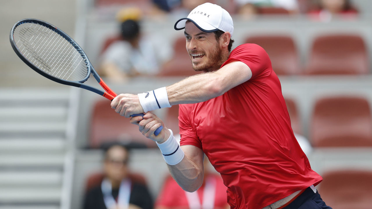 BEIJING, CHINA - OCTOBER 01: Andy Murray of Great Britain in action against Matteo Berrettini of Italy during the Men's singles first round of 2019 China Open at the China National Tennis Center on October 1, 2019 in Beijing, China.