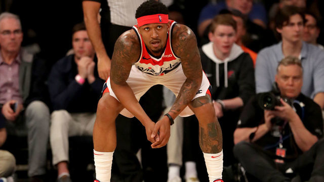 NEW YORK, NEW YORK - APRIL 07: Bradley Beal #3 of the Washington Wizards reacts in the first half against the New York Knicks at Madison Square Garden on April 07, 2019 in New York City.