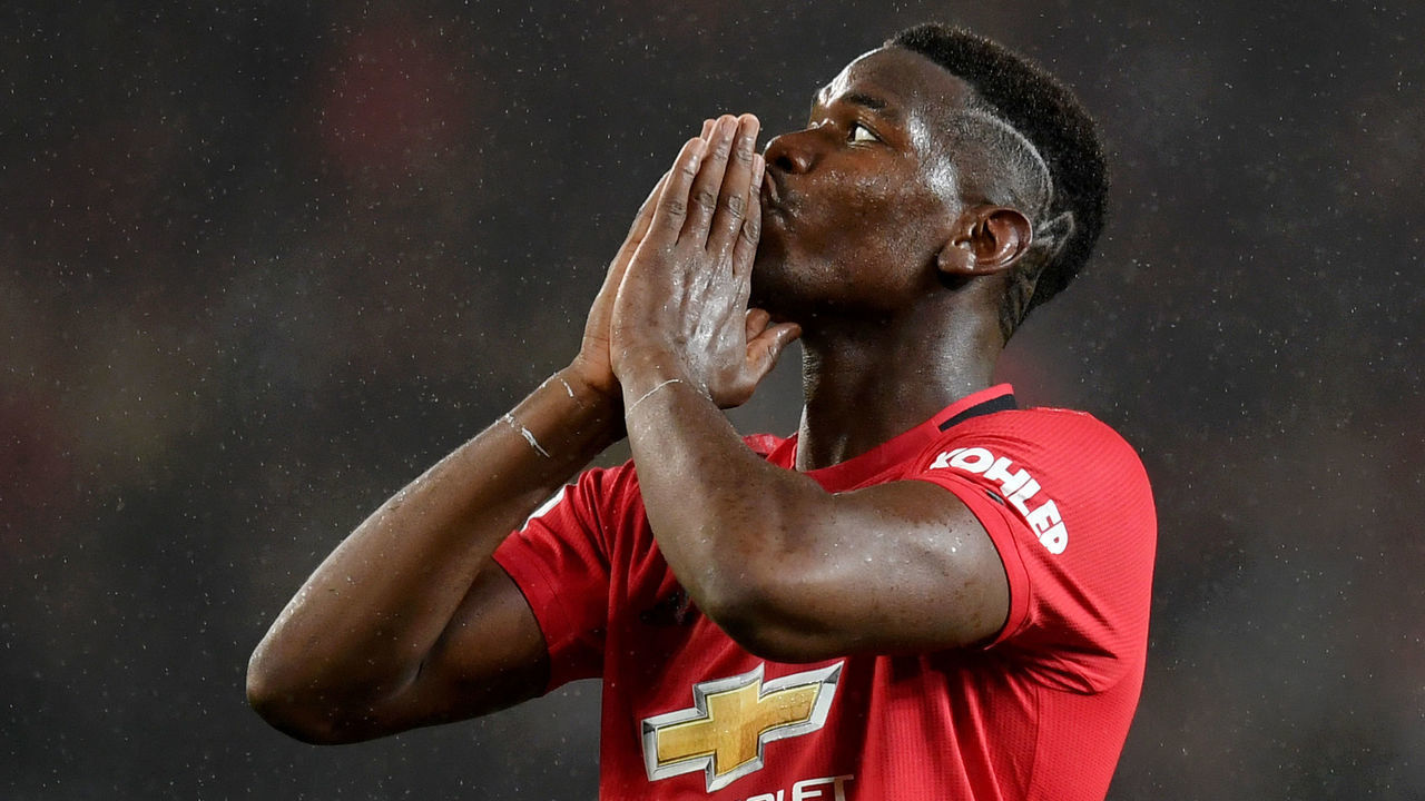 MANCHESTER, ENGLAND - SEPTEMBER 30: Paul Pogba of Manchester United reacts after missing a chance during the Premier League match between Manchester United and Arsenal FC at Old Trafford on September 30, 2019 in Manchester, United Kingdom.