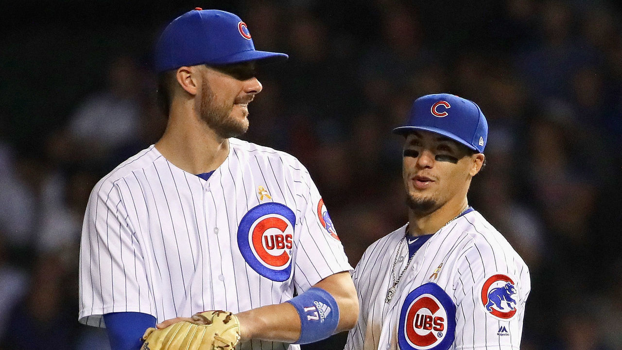 CHICAGO, IL - SEPTEMBER 12: (L-R) Kris Bryant #17 and Javier Baez #9 of the Chicago Cubs chat during a pitching change against the Milwaukee Brewers at Wrigley Field on September 12, 2018 in Chicago, Illinois. The Brewers defeated the Cubs 5-1.