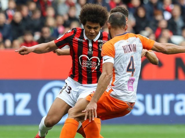 Nice's French forward Lamine Diaby-Fadiga and Montpellier's Brazilian defender Vitorino Hilton fight for the ball during the French L1 football match between Nice and Montpellier on April 7, 2019 at the "Allianz Riviera" stadium in Nice, southeastern France.