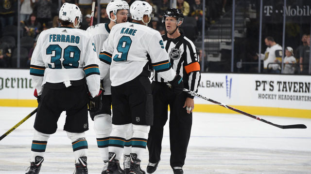 LAS VEGAS, NEVADA - SEPTEMBER 29: Evander Kane #9 of the San Jose Sharks reacts after being ejected for fighting during the third period against the Vegas Golden Knights at T-Mobile Arena on September 29, 2019 in Las Vegas, Nevada.
