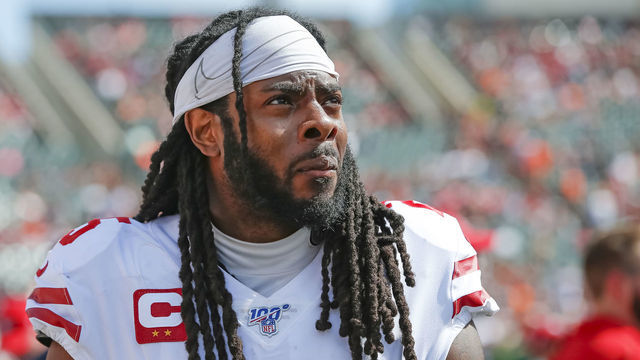 CINCINNATI, OH - SEPTEMBER 15: Richard Sherman #25 of the San Francisco 49ers is seen during the game against the San Francisco 49ers at Paul Brown Stadium on September 15, 2019 in Cincinnati, Ohio.