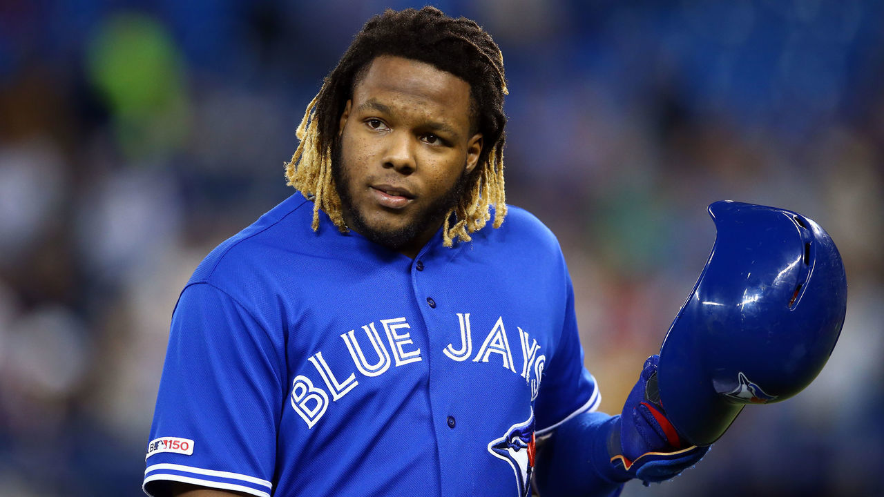 TORONTO, ON - SEPTEMBER 25: Vladimir Guerrero Jr. #27 of the Toronto Blue Jays reacts after grounding out in the first inning during a MLB game against the Baltimore Orioles at Rogers Centre on September 25, 2019 in Toronto, Canada.