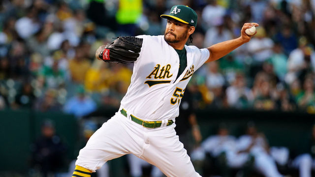 OAKLAND, CA - SEPTEMBER 21: Sean Manaea #55 of the Oakland Athletics pitches against the Texas Rangers at Oakland Coliseum on Saturday, September 21, 2019 in Oakland, California.