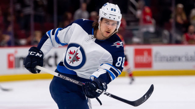 CHICAGO, IL - APRIL 01: Winnipeg Jets defenseman Nathan Beaulieu (88) warms up prior to a game against the Chicago Blackhawks on April 1, 2019, at the United Center in Chicago, IL.