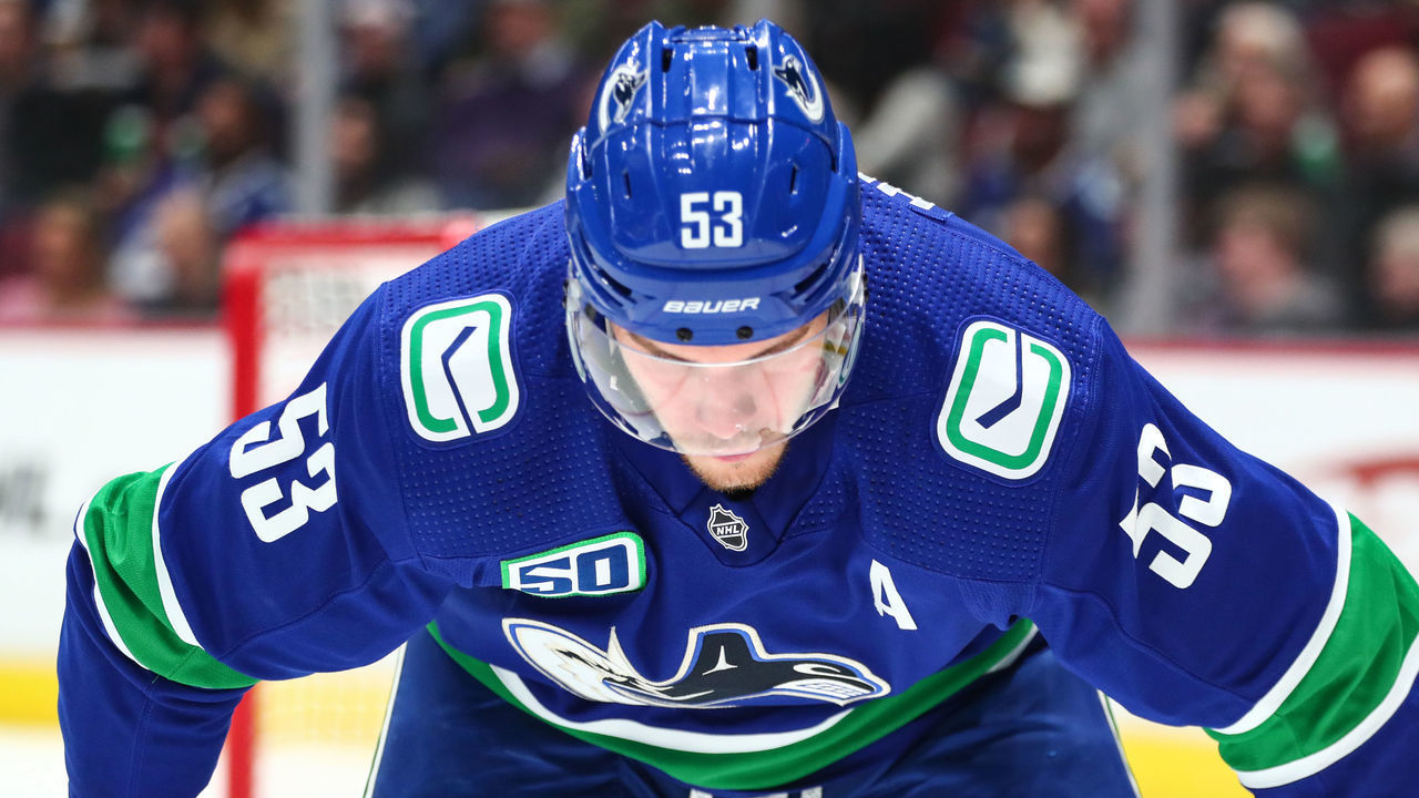 VANCOUVER, BC - SEPTEMBER 25: Vancouver Canucks Center Bo Horvat (53) before a faceoff during their NHL preseason game against the Ottawa Senators at Rogers Arena on September 25, 2019 in Vancouver, British Columbia, Canada.