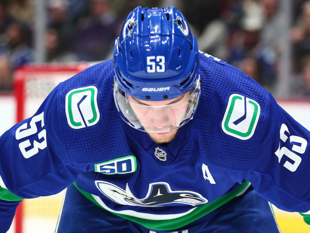 VANCOUVER, BC - SEPTEMBER 25: Vancouver Canucks Center Bo Horvat (53) before a faceoff during their NHL preseason game against the Ottawa Senators at Rogers Arena on September 25, 2019 in Vancouver, British Columbia, Canada.