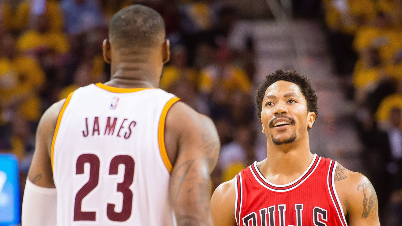 CLEVELAND, OH - MAY 4: Derrick Rose #1 of the Chicago Bulls reacts after being charged with an offensive foul against LeBron James #23 of the Cleveland Cavaliers in the second half during Game One in the Eastern Conference Semifinals of the 2015 NBA Playoffs 2015 at Quicken Loans Arena on May 4, 2015 in Cleveland, Ohio. The Bulls defeated the Cavaliers 99-92.