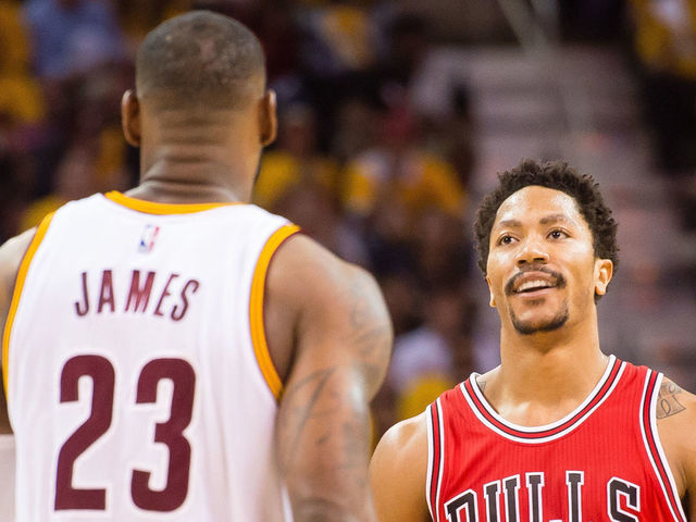 CLEVELAND, OH - MAY 4: Derrick Rose #1 of the Chicago Bulls reacts after being charged with an offensive foul against LeBron James #23 of the Cleveland Cavaliers in the second half during Game One in the Eastern Conference Semifinals of the 2015 NBA Playoffs 2015 at Quicken Loans Arena on May 4, 2015 in Cleveland, Ohio. The Bulls defeated the Cavaliers 99-92.
