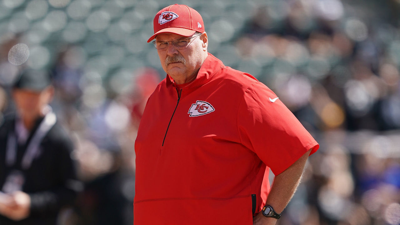 OAKLAND, CA - SEPTEMBER 15: Head coach Andy Reid of the Kansas City Chiefs looks on during pregame warm ups prior to the start of an NFL football game against the Oakland Raiders at RingCentral Coliseum on September 15, 2019 in Oakland, California.
