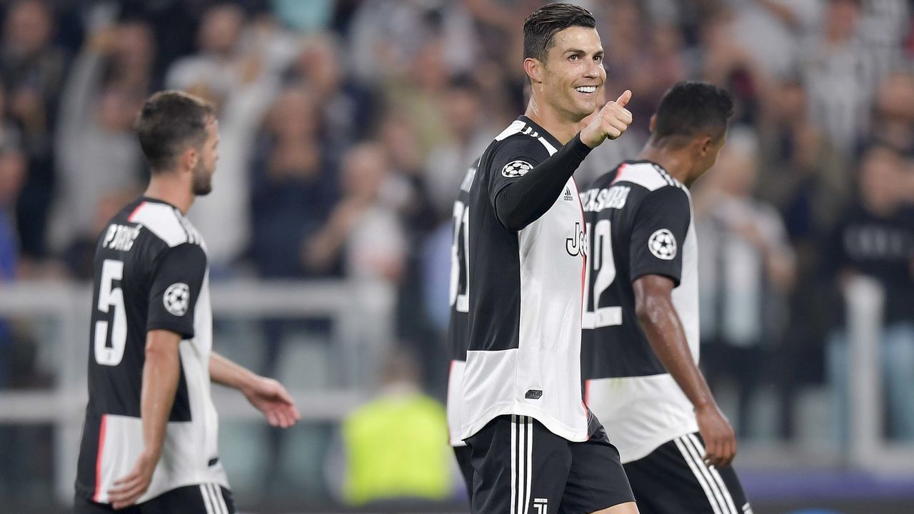 TURIN, ITALY - OCTOBER 01: Cristiano Ronaldo of Juventus celebrates his goal of 3-0 during the UEFA Champions League group D match between Juventus and Bayer Leverkusen at Juventus Arena on October 1, 2019 in Turin, Italy.