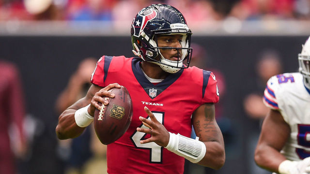 HOUSTON, TX - OCTOBER 14: Houston Texans quarterback Deshaun Watson (4) looks down the field while Buffalo Bills defensive end Jerry Hughes (55) zeroes in on him during the football game between the Buffalo Bills and Houston Texans on October 14, 2018 at NRG Stadium in Houston, Texas. The Texans beat the Bills 20-13.