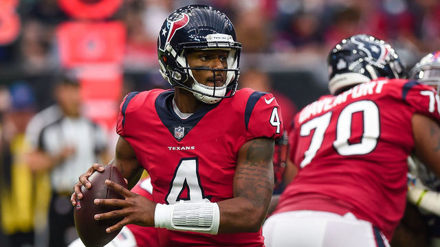 HOUSTON, TX - OCTOBER 14: Houston Texans quarterback Deshaun Watson (4) looks to throw during the football game between the Buffalo Bills and Houston Texans on October 14, 2018 at NRG Stadium in Houston, Texas. The Texans beat the Bills 20-13.