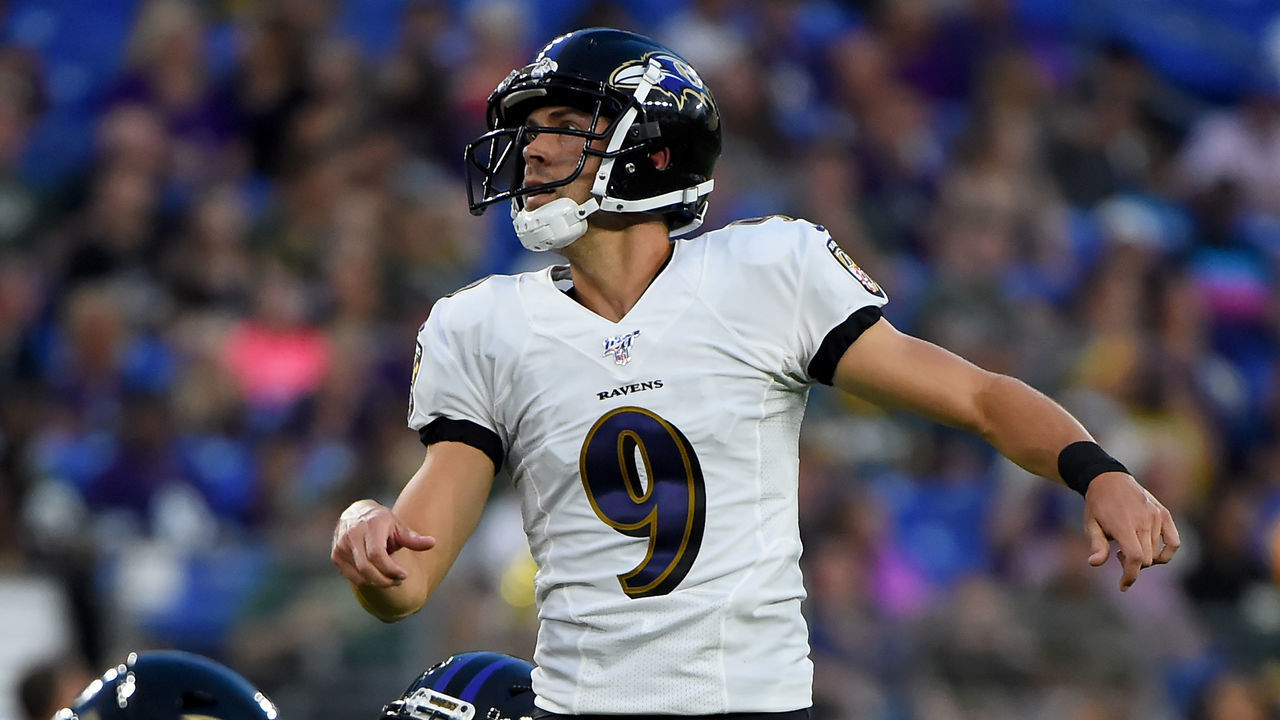 BALTIMORE, MD - AUGUST 15: Justin Tucker #9 of the Baltimore Ravens looks on after kicking a field goal against the Green Bay Packers during the first half of a preseason game at M&T Bank Stadium on August 15, 2019 in Baltimore, Maryland.