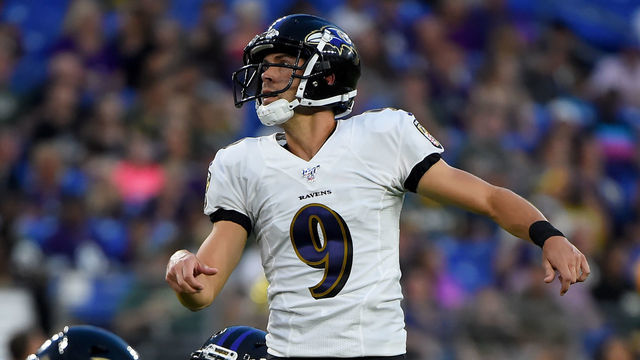 BALTIMORE, MD - AUGUST 15: Justin Tucker #9 of the Baltimore Ravens looks on after kicking a field goal against the Green Bay Packers during the first half of a preseason game at M&T Bank Stadium on August 15, 2019 in Baltimore, Maryland.