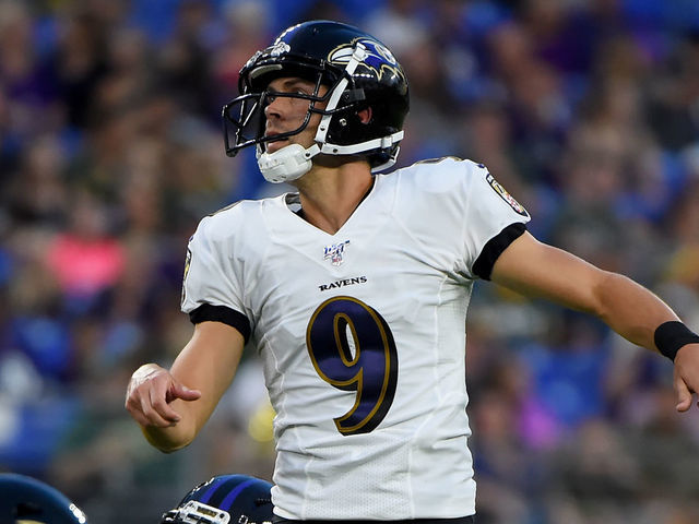 BALTIMORE, MD - AUGUST 15: Justin Tucker #9 of the Baltimore Ravens looks on after kicking a field goal against the Green Bay Packers during the first half of a preseason game at M&T Bank Stadium on August 15, 2019 in Baltimore, Maryland.