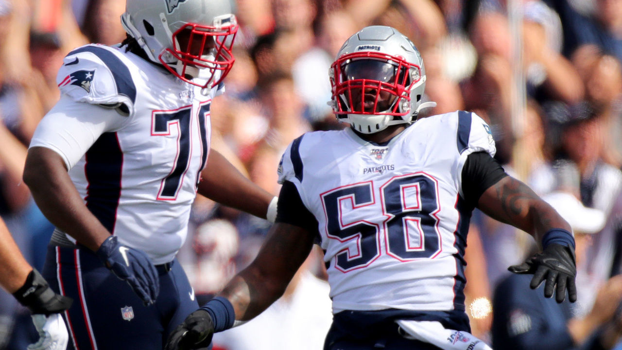 BUFFALO, NEW YORK - SEPTEMBER 29: Jamie Collins #58 of the New England Patriots celebrates after sacking Josh Allen #17 of the Buffalo Bills during the first quarter in the game at New Era Field on September 29, 2019 in Buffalo, New York.