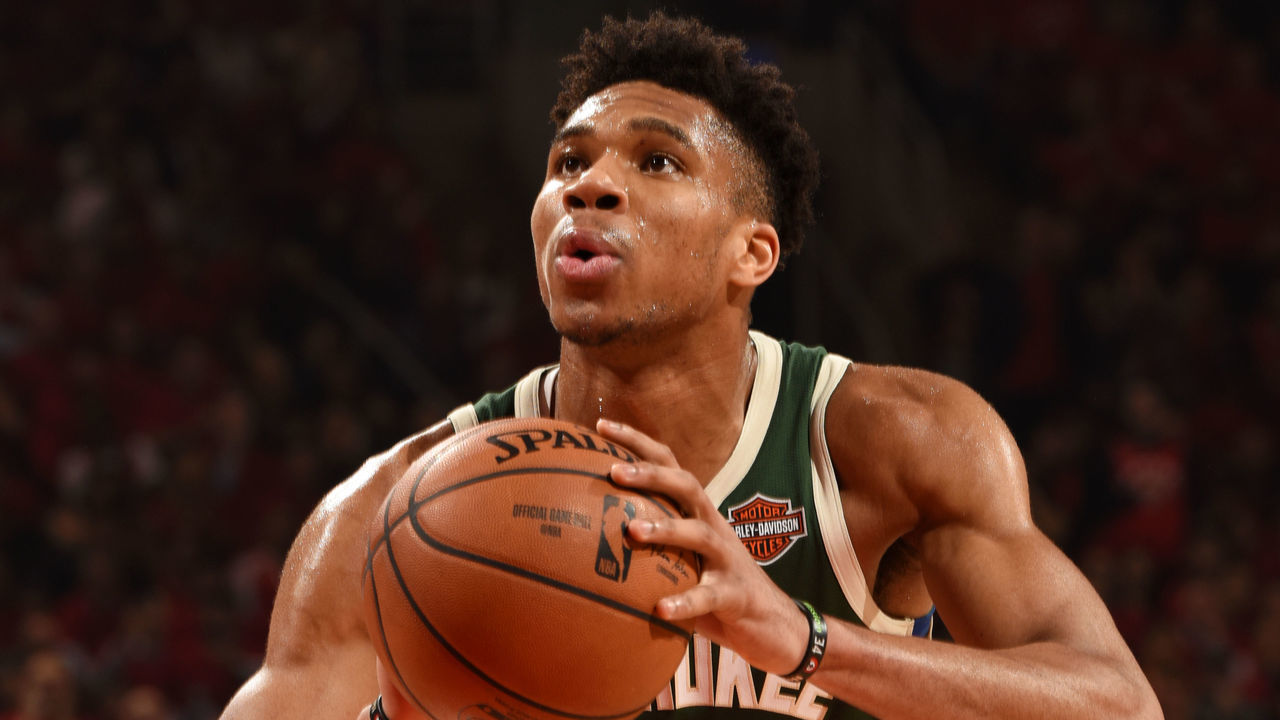 TORONTO, CA - MAY 21: Giannis Antetokounmpo #34 of the Milwaukee Bucks shoots a free-throw against the Toronto Raptors during Game Four of the Eastern Conference Finals on May 21, 2019 at the Scotiabank Arena in Toronto, Canada. NOTE TO USER: User expressly acknowledges and agrees that, by downloading and/or using this photograph, user is consenting to the terms and conditions of the Getty Images License Agreement. Mandatory Copyright Notice: Copyright 2019 NBAE