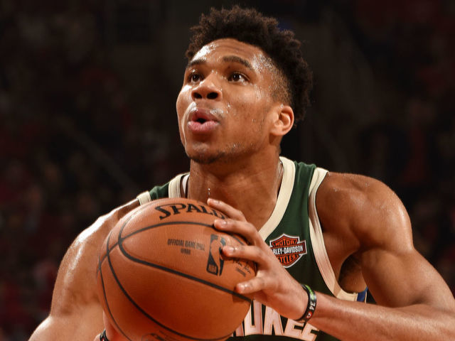 TORONTO, CA - MAY 21: Giannis Antetokounmpo #34 of the Milwaukee Bucks shoots a free-throw against the Toronto Raptors during Game Four of the Eastern Conference Finals on May 21, 2019 at the Scotiabank Arena in Toronto, Canada. NOTE TO USER: User expressly acknowledges and agrees that, by downloading and/or using this photograph, user is consenting to the terms and conditions of the Getty Images License Agreement. Mandatory Copyright Notice: Copyright 2019 NBAE