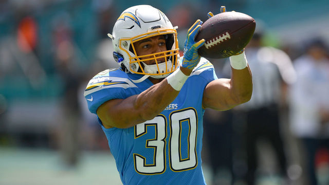 MIAMI, FLORIDA - SEPTEMBER 29: Austin Ekeler #30 of the Los Angeles Chargers warms up prior to the game between the Miami Dolphins and the Los Angeles Chargers at Hard Rock Stadium on September 29, 2019 in Miami, Florida.