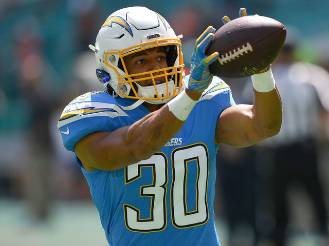MIAMI, FLORIDA - SEPTEMBER 29: Austin Ekeler #30 of the Los Angeles Chargers warms up prior to the game between the Miami Dolphins and the Los Angeles Chargers at Hard Rock Stadium on September 29, 2019 in Miami, Florida.