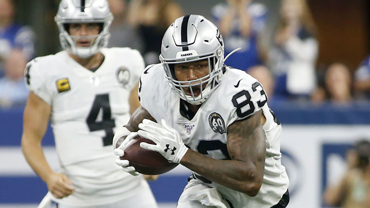 INDIANAPOLIS, INDIANA - SEPTEMBER 29: Darren Waller #83 of the Oakland Raiders runs the ball after a catch during the third quarter in the game against the Indianapolis Colts at Lucas Oil Stadium on September 29, 2019 in Indianapolis, Indiana.