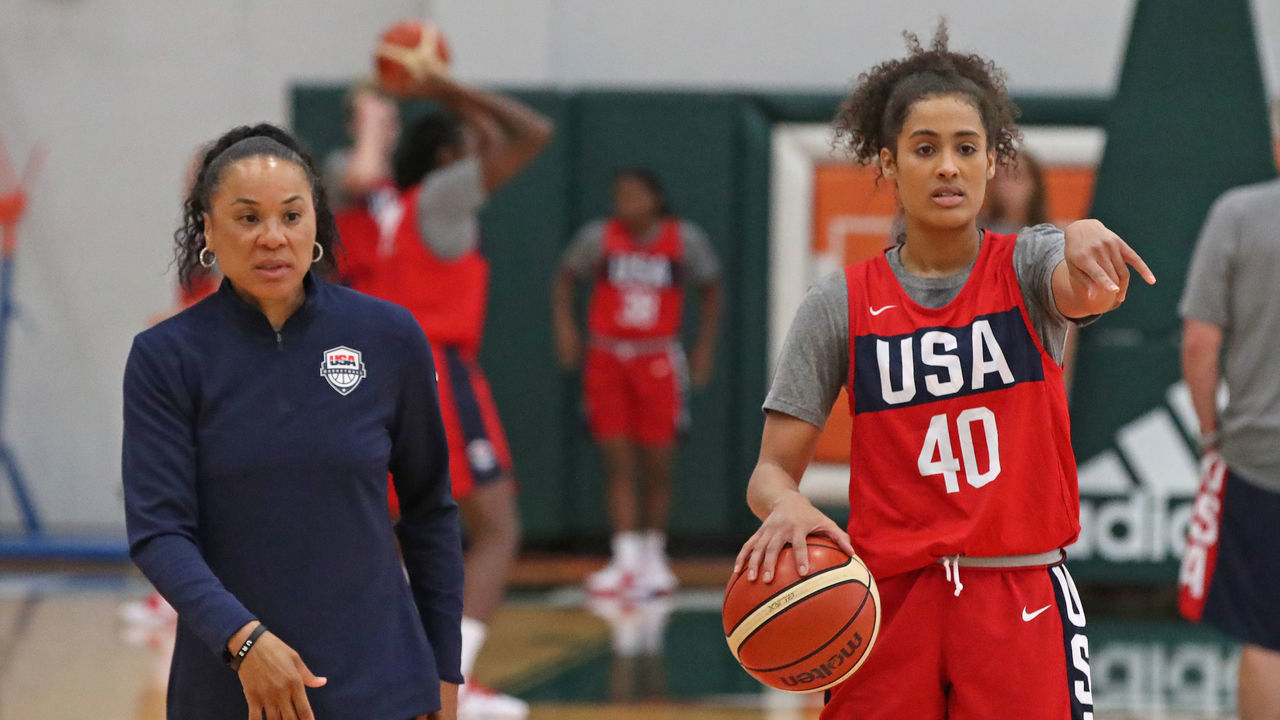 CORCAL GABLES, FL - SEPTEMBER 18: Head Coach Dawn Staley, and Skylar Diggins-Smith of Team USA handles the ball during the Women's National Team Camp on September 18, 2019 at Watsco Center at University of Miami in Coral Gables, Florida. NOTE TO USER: User expressly acknowledges and agrees that, by downloading and/or using this photograph, user is consenting to the terms and conditions of the Getty Images License Agreement. Mandatory Copyright Notice: Copyright 2019 NBAE