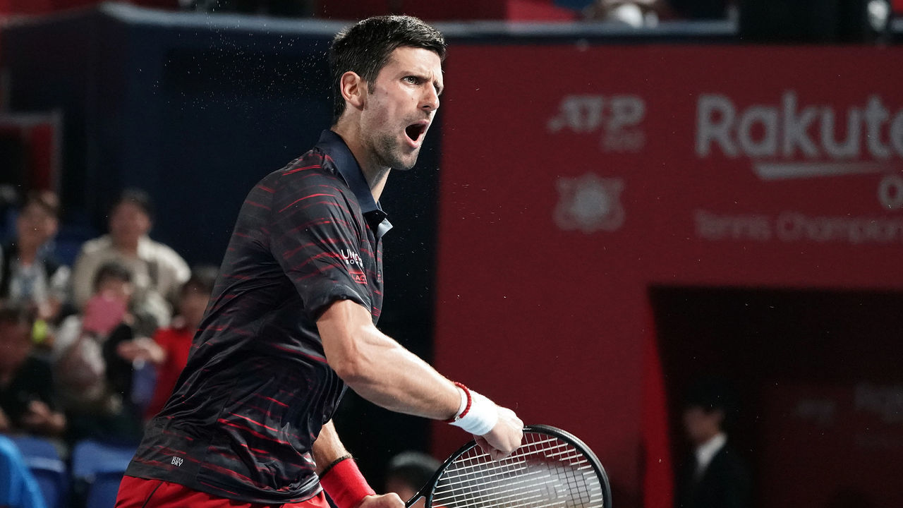 TOKYO, JAPAN - OCTOBER 02: Novak Djokovic of Serbia reacts after defeating Go Soeda of Japan on day three of the Rakuten Open at the Ariake Coliseum on October 02, 2019 in Tokyo, Japan.