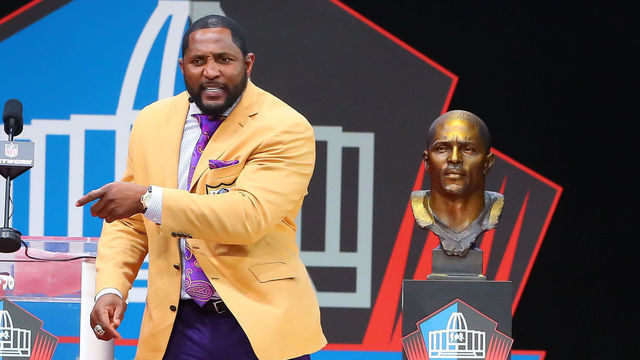 CANTON, OH - AUGUST 04: Ray Lewis speaks during the 2018 Hall of Fame Enshrinement Ceremony on August 4, 2018 at the Tom Benson Hall of Fame Stadium in Canton, Ohio