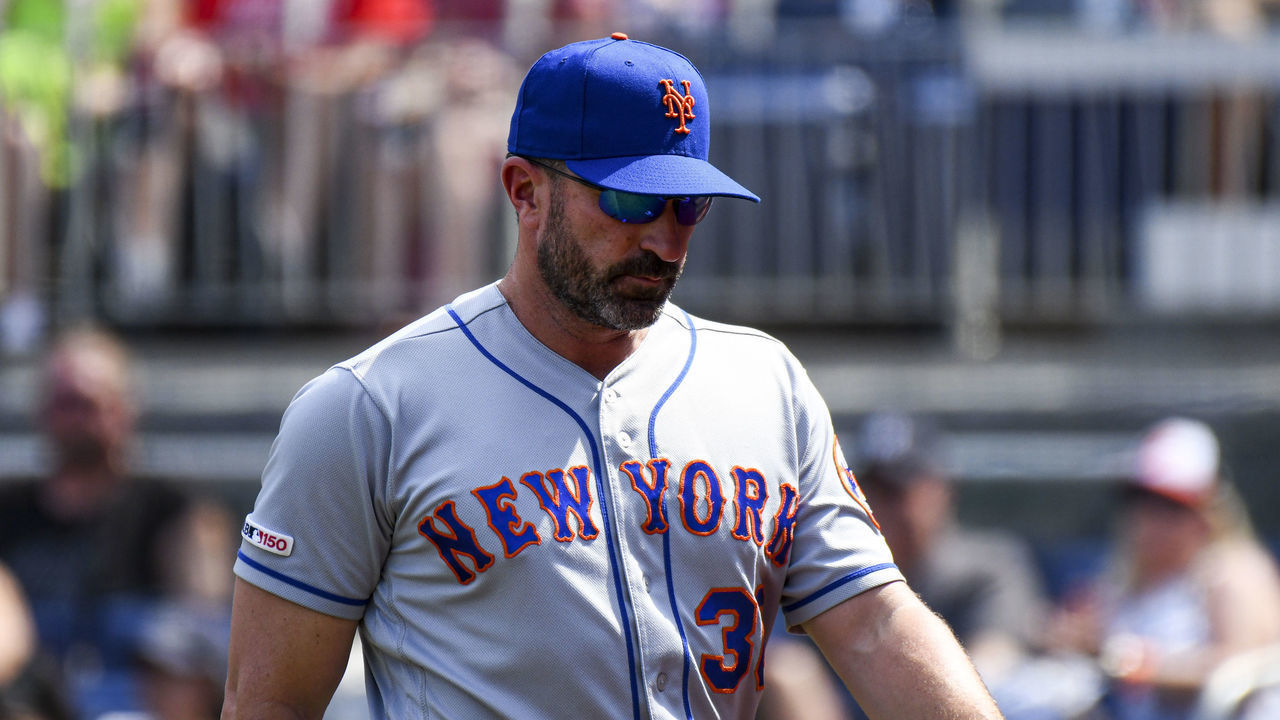 WASHINGTON, DC - SEPTEMBER 02: New York Mets manager Mickey Callaway (36) walks back to the dugout after a mound conference during the game between the New York Mets and the Washington Nationals on September 2, 2019, at Nationals Park, in Washington D.C.