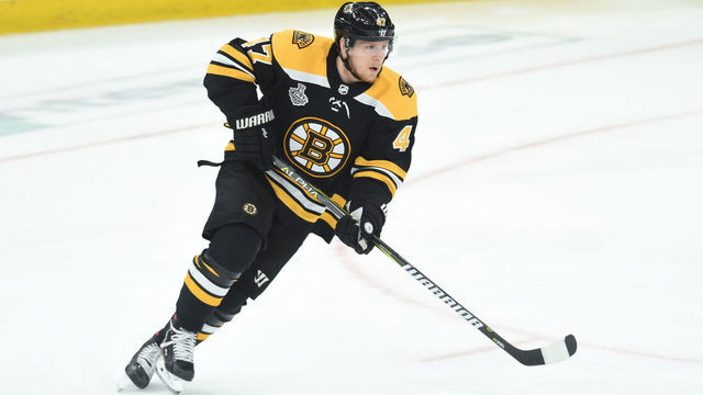 BOSTON, MA - MAY 29: Torey Krug #47 of the Boston Bruins skates with the puck against the St. Louis Blues in Game Two of the Stanley Cup Final during the 2019 NHL Stanley Cup Playoffs at the TD Garden on May 29, 2019 in Boston, Massachusetts.