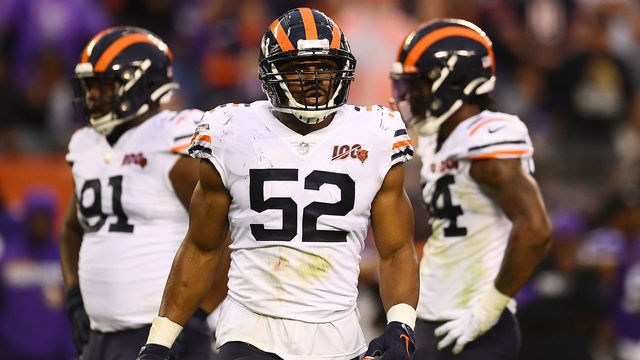 CHICAGO, ILLINOIS - SEPTEMBER 29: Khalil Mack #52 of the Chicago Bears looks to the sideline during a game against the Minnesota Vikings at Soldier Field on September 29, 2019 in Chicago, Illinois. The Bears defeated the Vikings 16-6.
